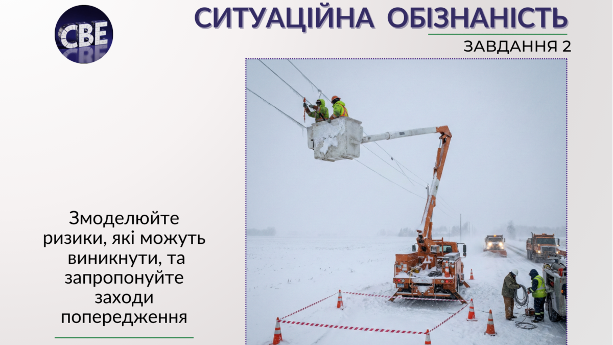 Цикл «Вчимося ситуаційній обізнаності» 🟣Завдання 2. Ремонт лінії електропостачання під час снігопаду. Визначіть порушення, прорахуйте ризик, уникніть травм.